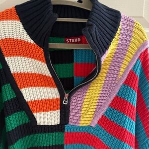 STAUD Multicolor Striped Zip-Knit Pullover
